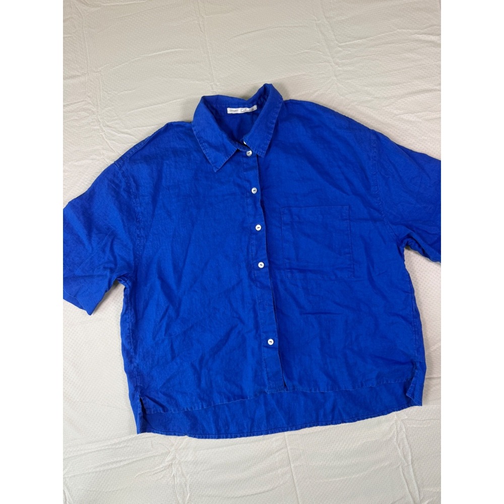 OYSHO 100% Linen Shirt Top Sz M Royal Blue Short Sleeve Button Front Oversized